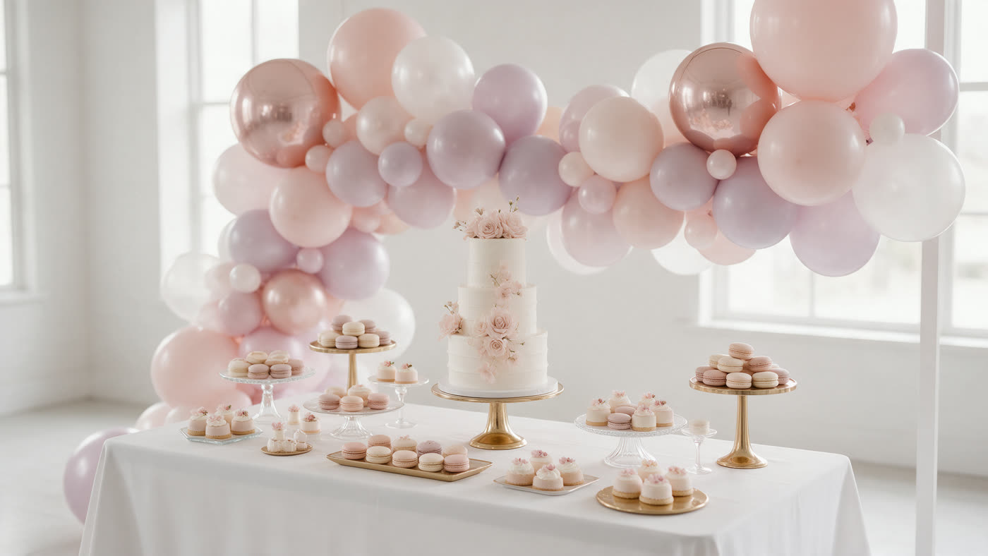 Table de desserts pastel avec arche de ballons